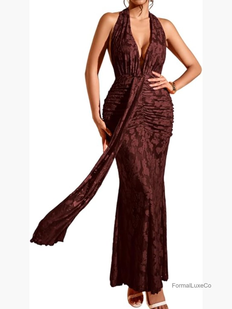 Backless Mermaid Maxi Dress, Deep V Ruched Bodycon Prom Gown